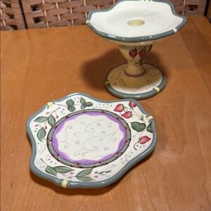 PartyLite strawberry Ceramic Base with Green Accent. Candle holder and plate.